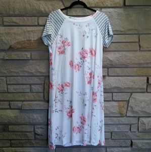 Forever 21 Dresses - White & pink floral grey stripe t-shirt dress Forever 21 Dresses - White & pink floral grey stripe t-shirt dress